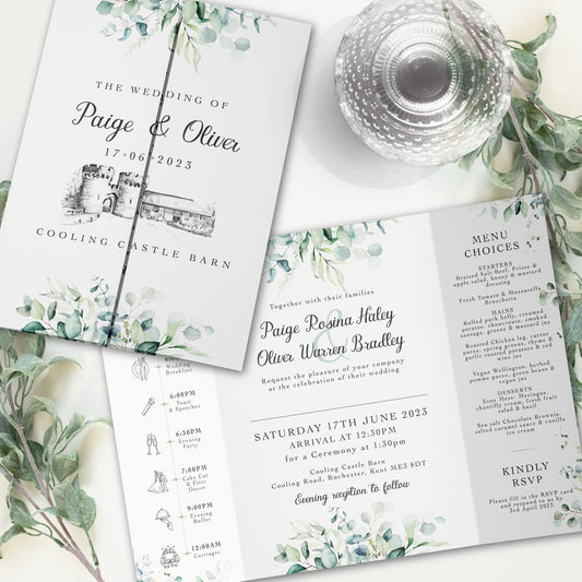 Eucalyptus Wedding Invitations with Venue Sketch