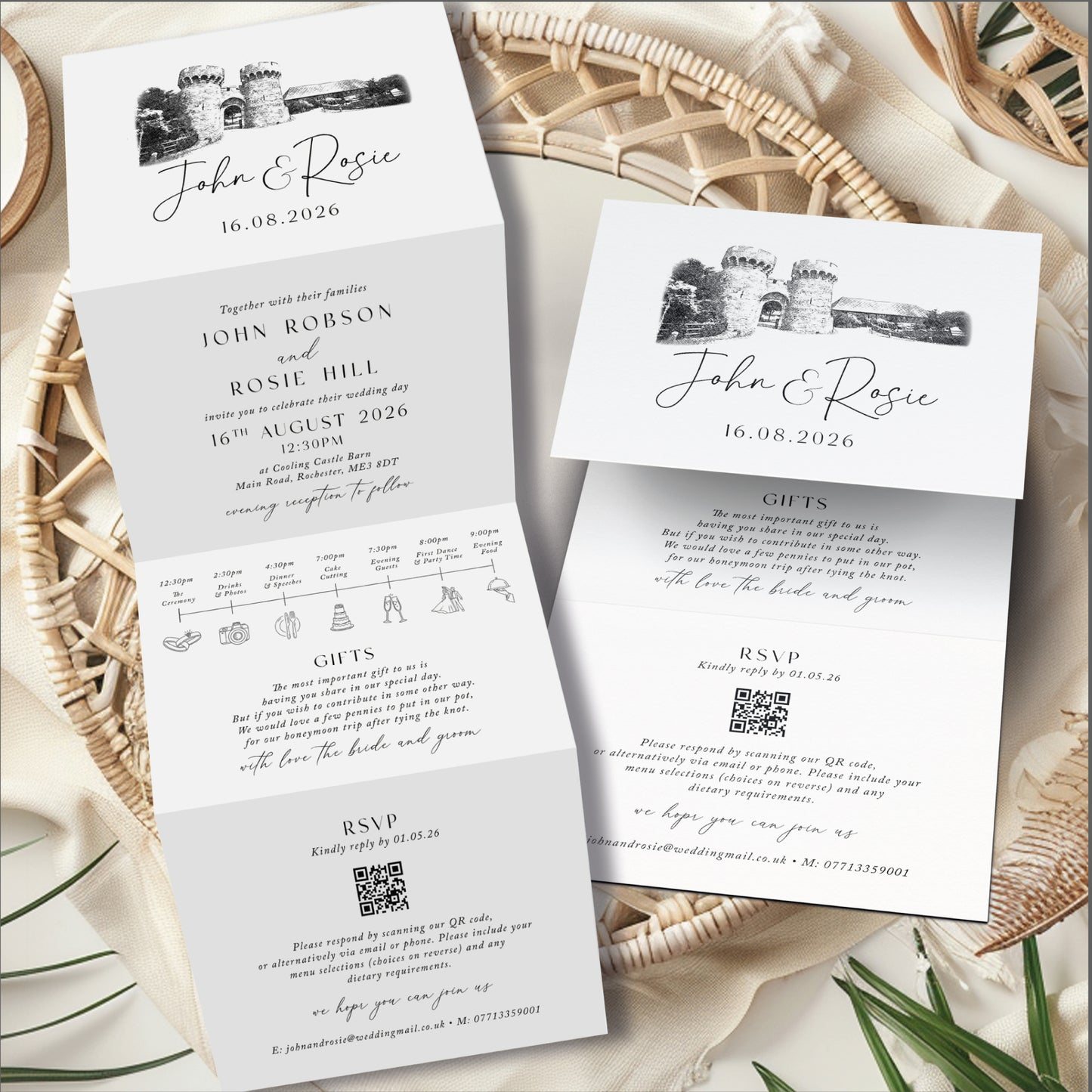 Elegant Black & White Concertina Wedding Invitation with Personalised Venue Sketch