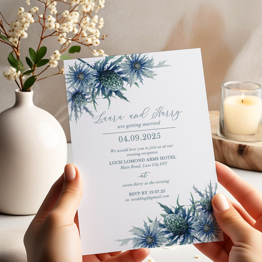 Scottish Thistle Wedding Invitation – Blue Botanical Rustic Style