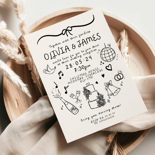 Cute Doodle Evening Wedding Invitation, Scribble Reception Invite, Personalised Hand Drawn Wedding Invitations