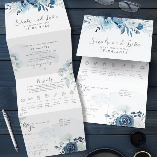 Moonlight Blue All in One Wedding Invitation, Navy Blue Floral Wedding Invitation, Tri Fold Wedding Invite, Wedding Invites Folded with RSVP