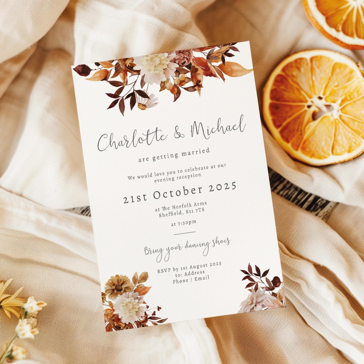 Rustic Autumn Wedding Invitations, Autumnal Floral Evening Wedding Invitation