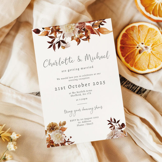 Rustic Autumn Wedding Invitations, Autumnal Floral Evening Wedding Invitation