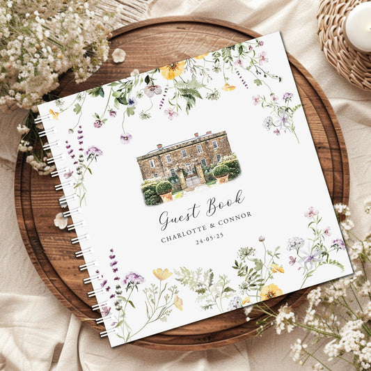 Wildflower Wedding Guestbook with Custom Venue Sketch – Personalised Keepsake