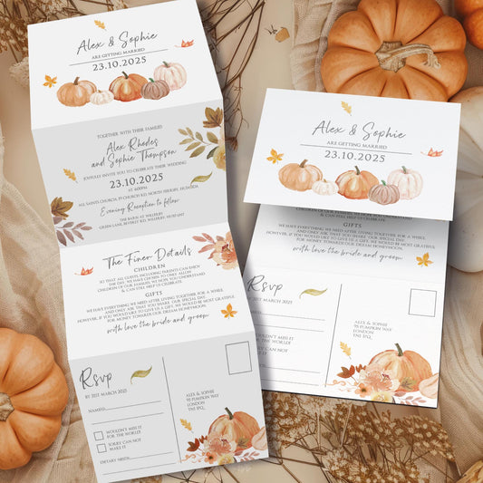 Rustic Fall Wedding Invitation, Wedding Invites with Autumn Pumpkin Leaves