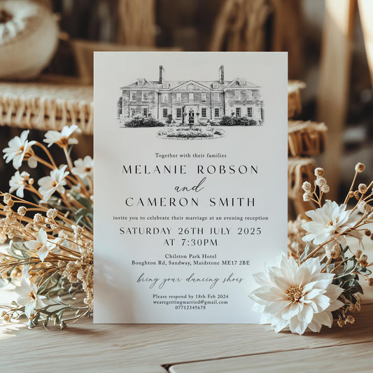 Black & White Minimalist Venue Sketch Wedding Invitations