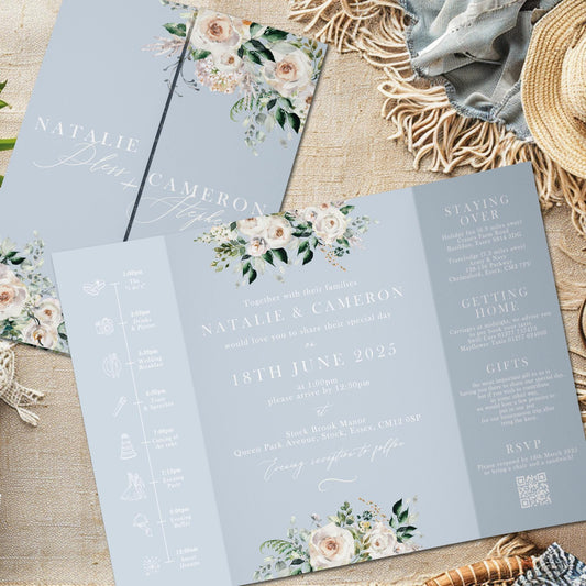 Dusty Blue Wedding Invitations, Blue Floral Wedding Invites, Elegant Wedding Stationery Suite, Personalised Wedding Invitations With QR Code