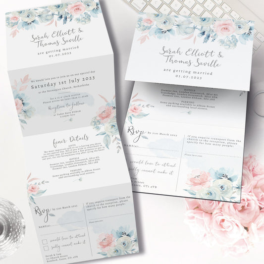 Baby Blue Floral Wedding Invitation, Pink Rose Wedding Invites, Powder Blue Folded Invites