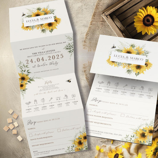 Sunflower Wedding Invitation, Sunflower and Bee Folded Wedding Invitations, Rustic Sunflower, with Timeline and RSVP