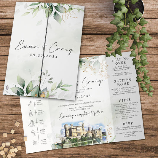 Venue Painting Wedding Invitation, Eucalyptus Wedding Invitations, Watercolour Wedding Venue Invites, Venue Illustration Wedding Invite