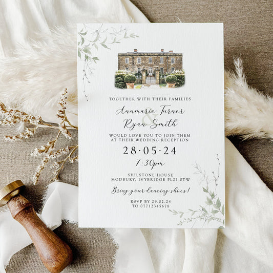 Venue Watercolour Wedding Invitation, Reception Wedding Invitations with Venue Sketch, Evening Venue Invites with Venue Painting