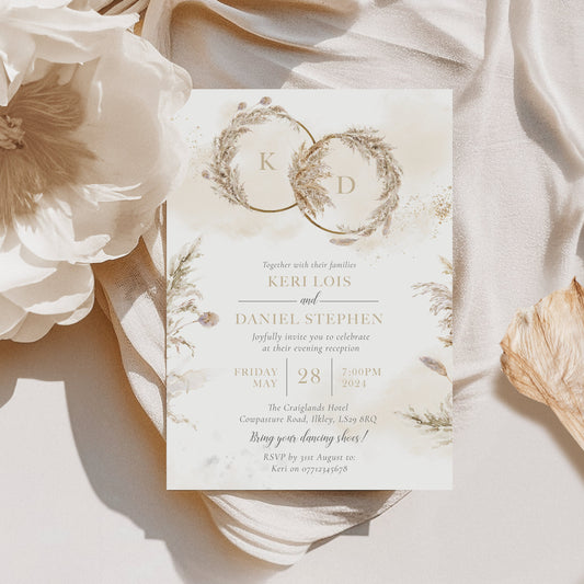 Pampas Grass Wedding Invitations, Rustic Wedding Invites with Neutral Tones