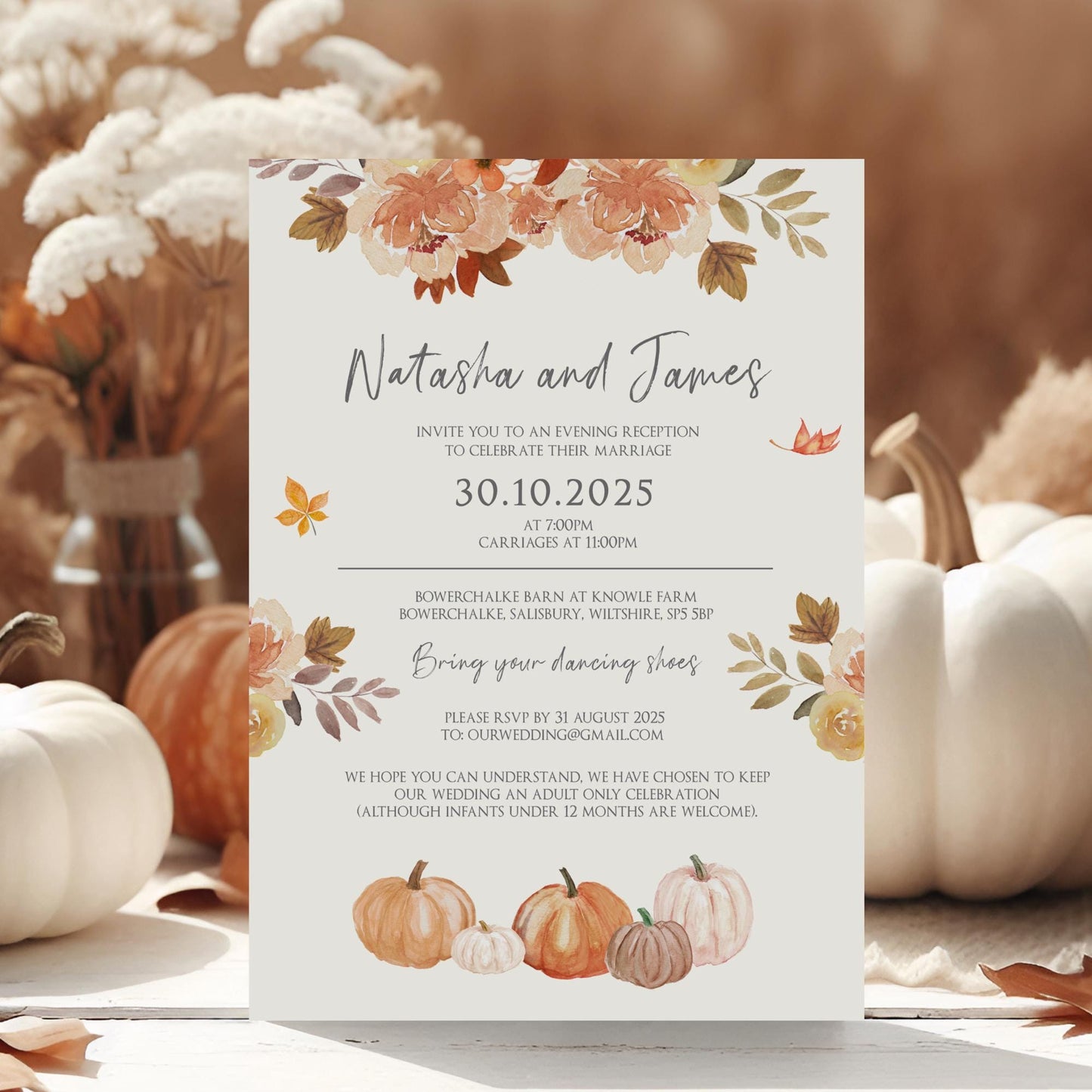 Rustic Pumpkin Wedding Invitations, Fall Wedding Invites with Autumn Theme