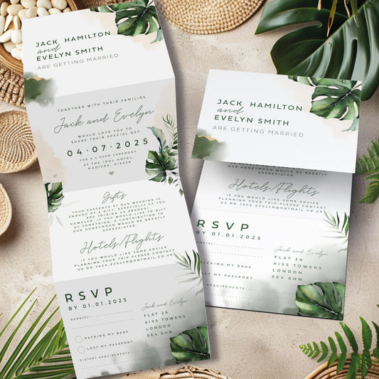 Tropical Destination Wedding Invitations, Palm Leaves Summer Wedding, Elegant Coastal Wedding Stationery Suite