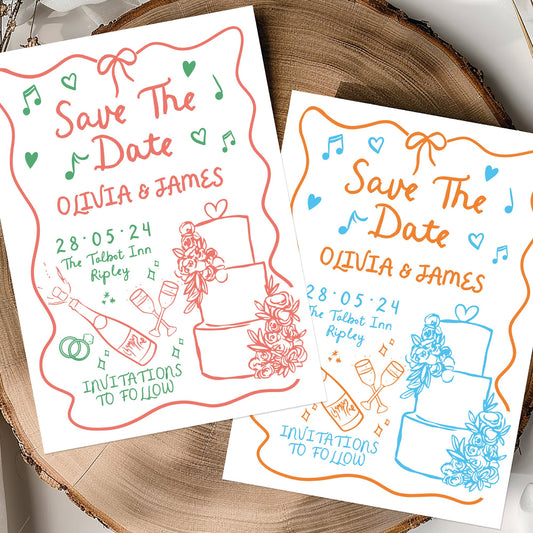 Colourful, Fun Hand Drawn Save the Dates, Scribble Save the Date Wedding Cards