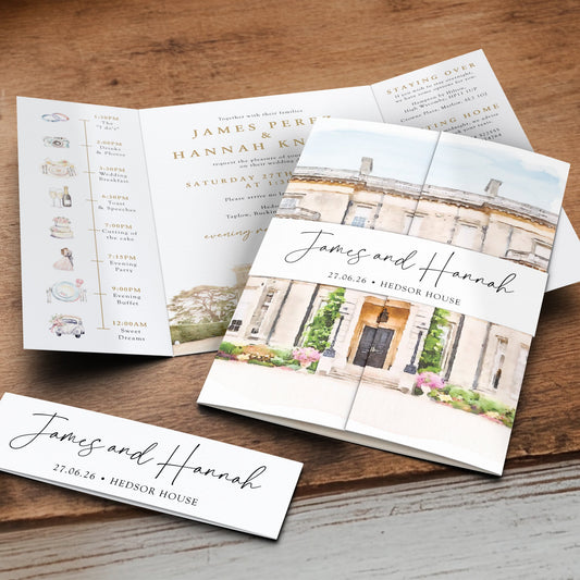 Luxury Gatefold Wedding Invitation with Signature Belly Band & Custom Venue Sketch