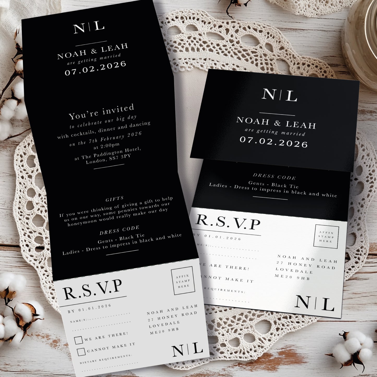 Classic Monochrome Concertina Wedding Invitation Set – Elegant Minimalist Black & White Design