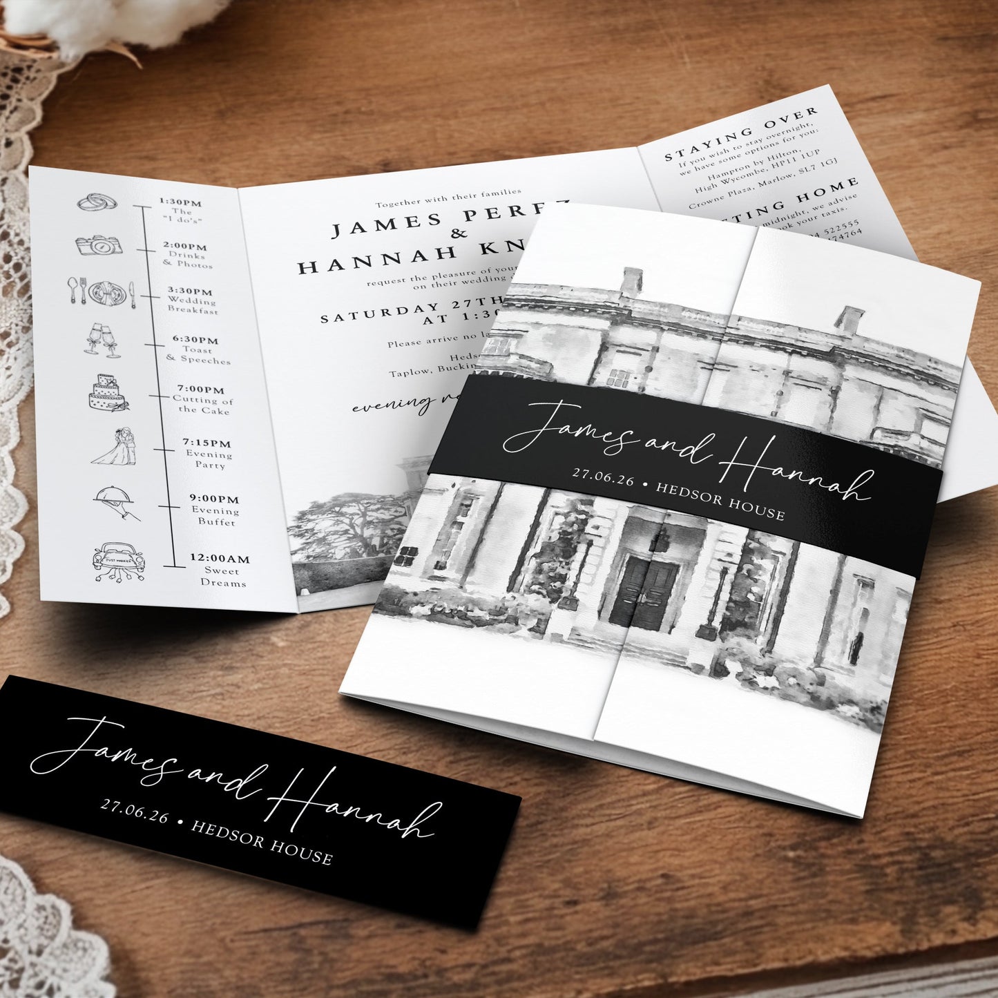 Black & White Gatefold Wedding Invitation with Belly Band & Custom Venue Sketch