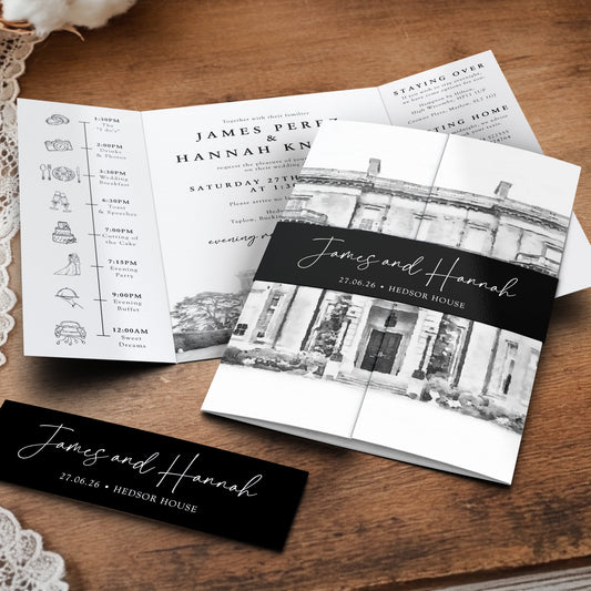 Black & White Gatefold Wedding Invitation with Belly Band & Custom Venue Sketch