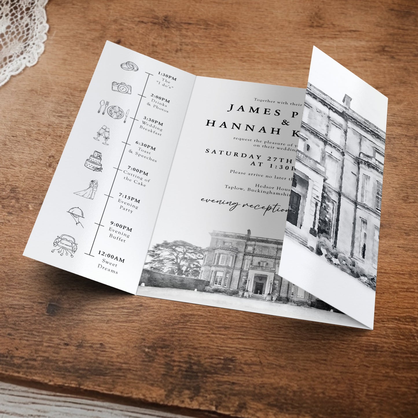 Black & White Gatefold Wedding Invitation with Belly Band & Custom Venue Sketch