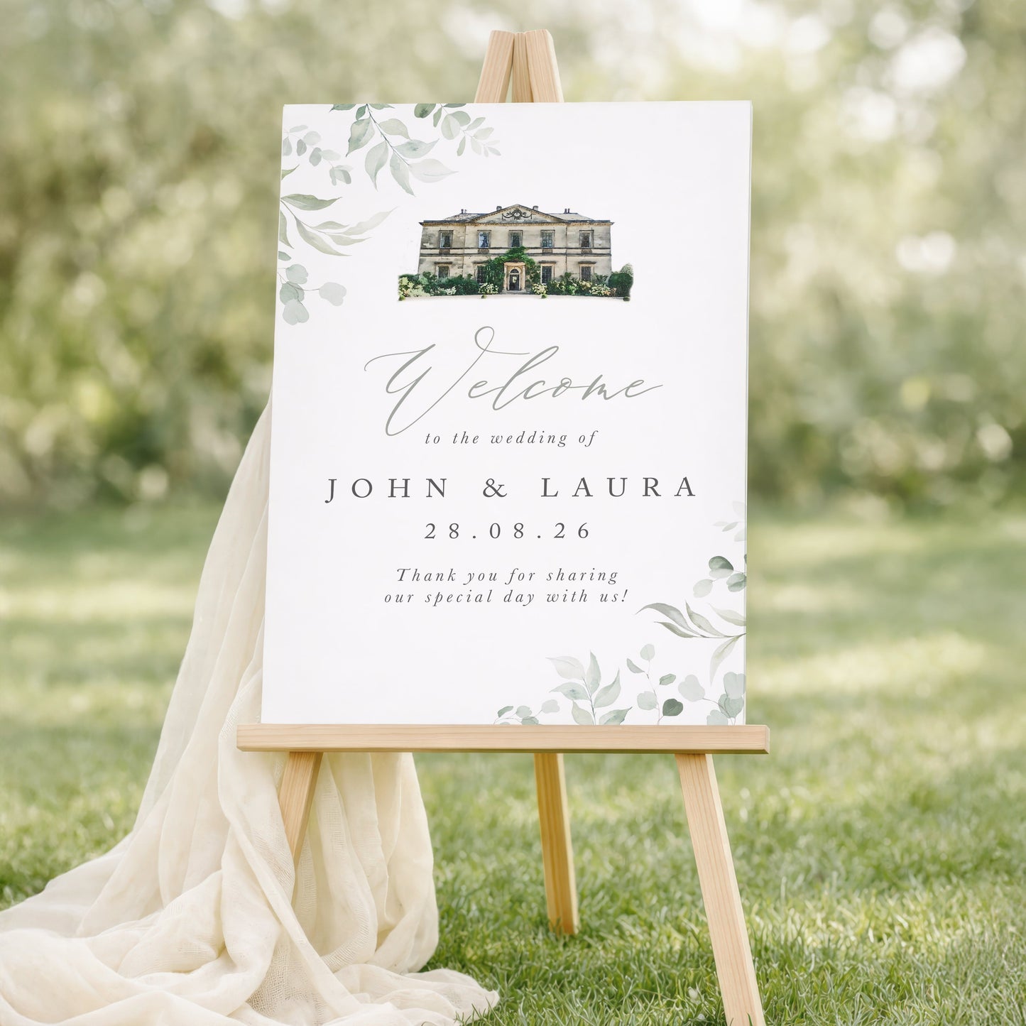Personalised Wedding Welcome Sign with Venue Sketch – Olive & Eucalyptus Botanical Wedding Sign