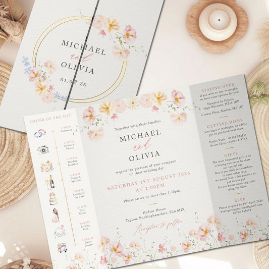 Pastel Gold Wildflower Gatefold Wedding Invitations