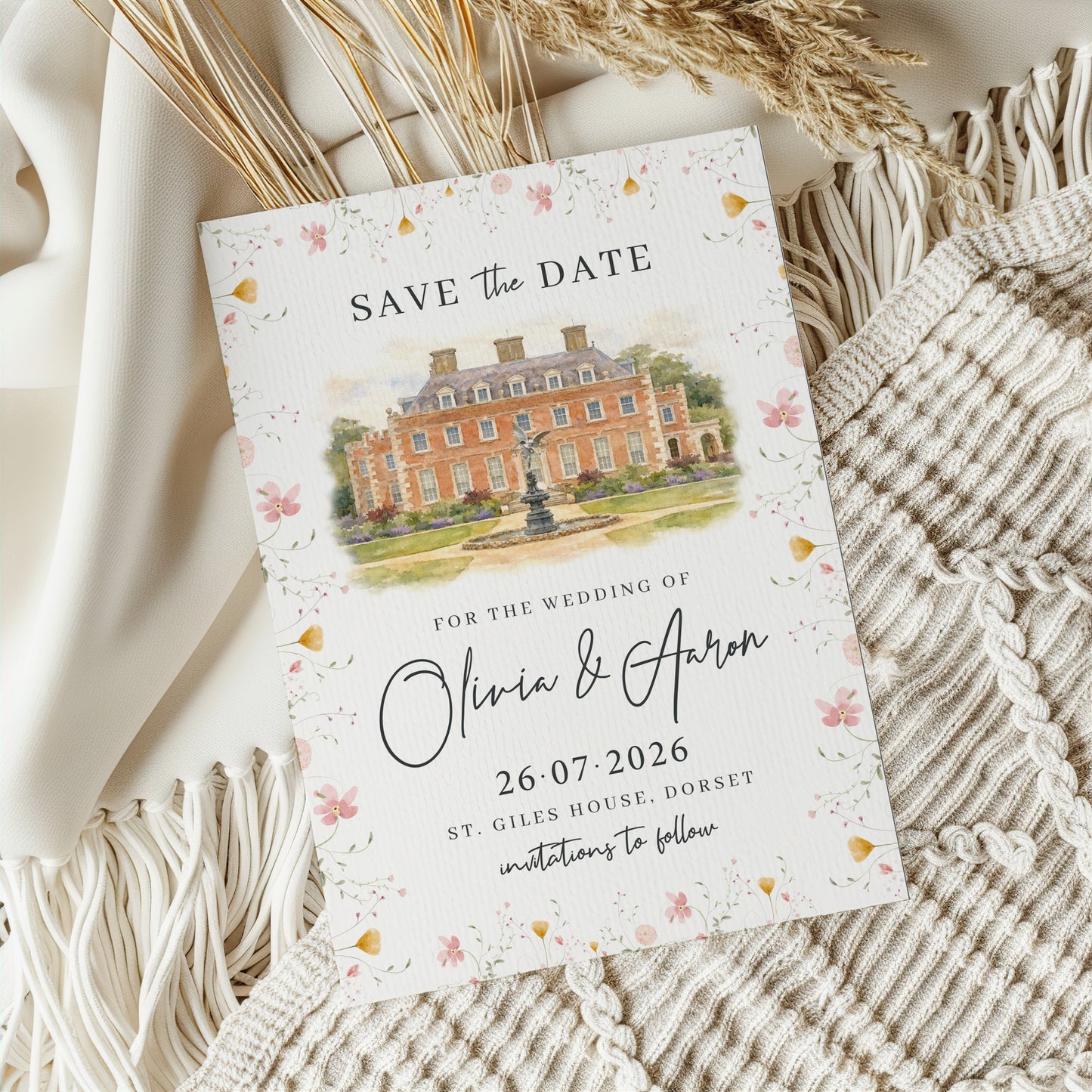Romantic Wildflower Save the Date with Custom Venue Illustration