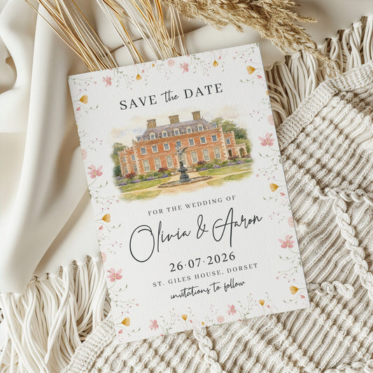 Romantic Wildflower Save the Date with Custom Venue Illustration