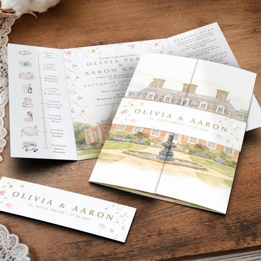 Wildflower Gatefold Wedding Invitations with Belly Band & Custom Venue Illustration