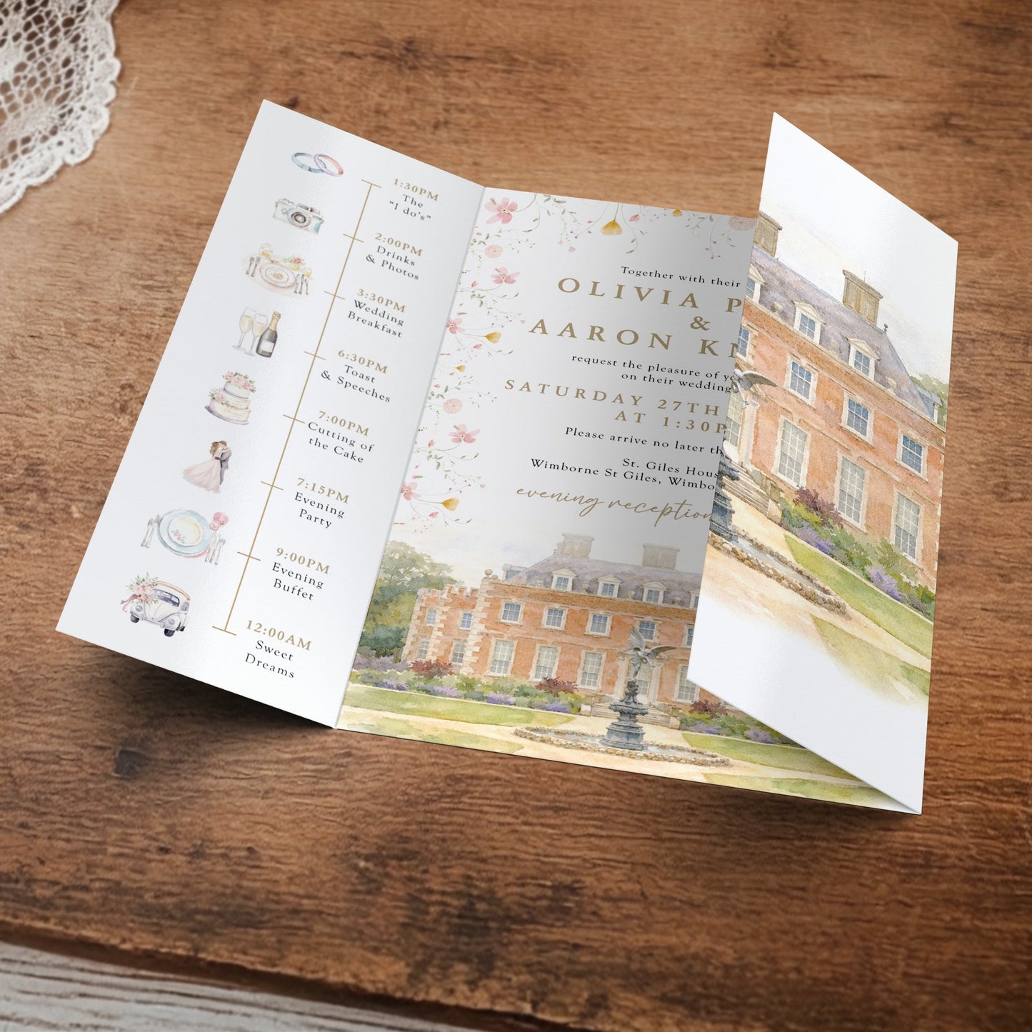 Wildflower Gatefold Wedding Invitations with Belly Band & Custom Venue Illustration